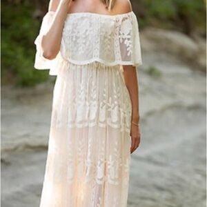 Off Shoulder Pink Maternity Lace Maxi Dress